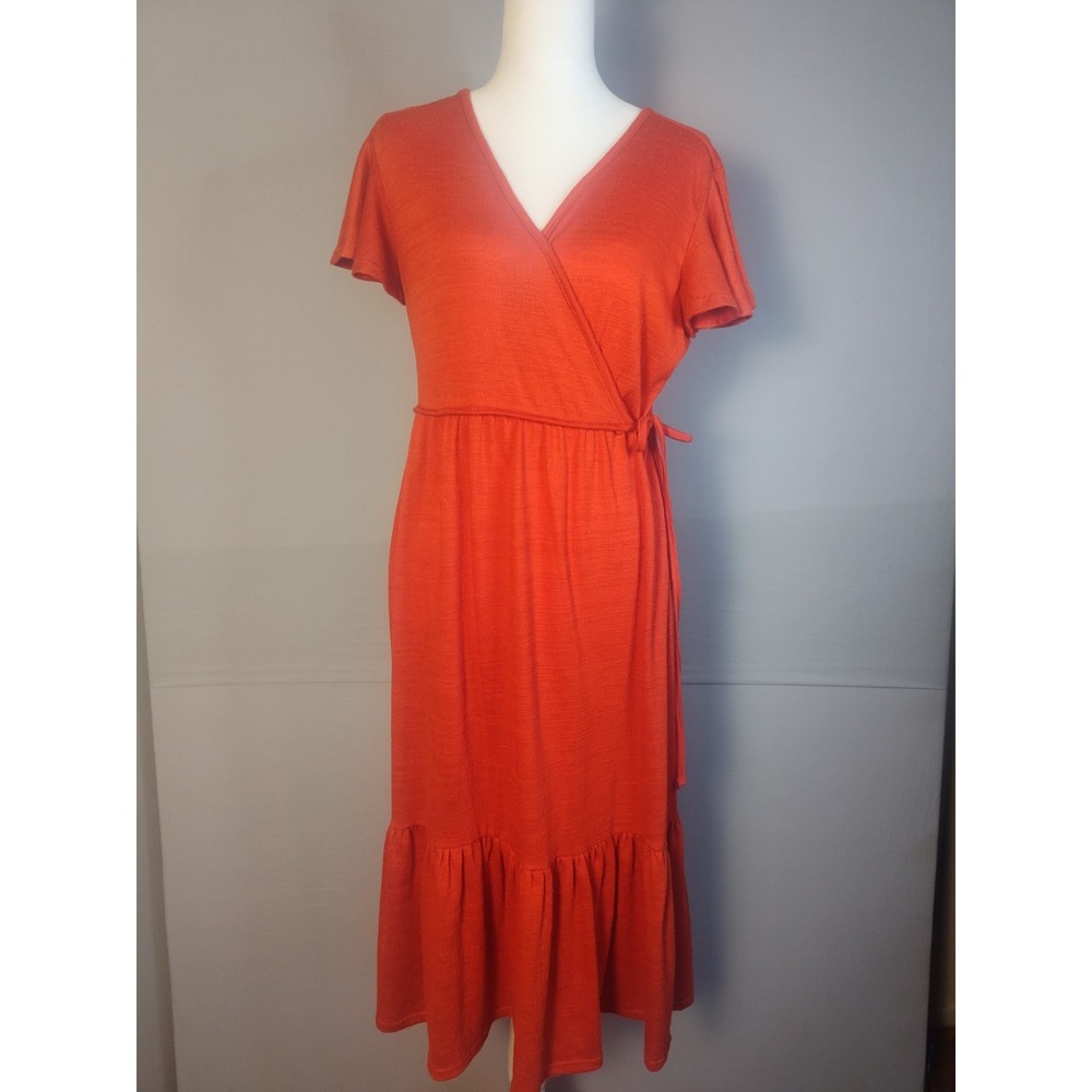 Orange Textured Knit Short‎ Sleeve Wrap Midi Dress with Ruffle Hem Small